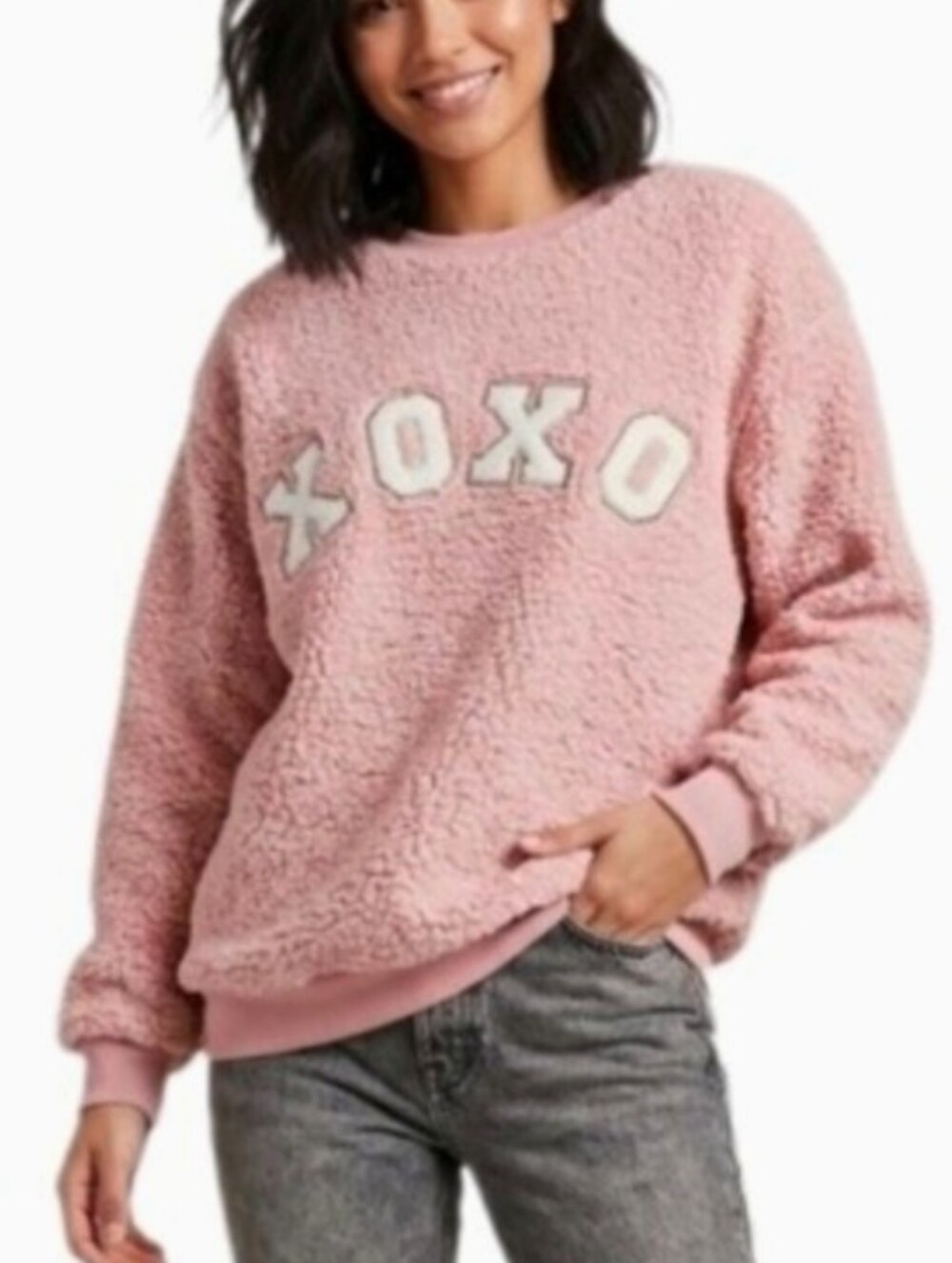 Judith March XOXO Sweatshirt Pullover Sherpa Long Sleeve Pink Size L